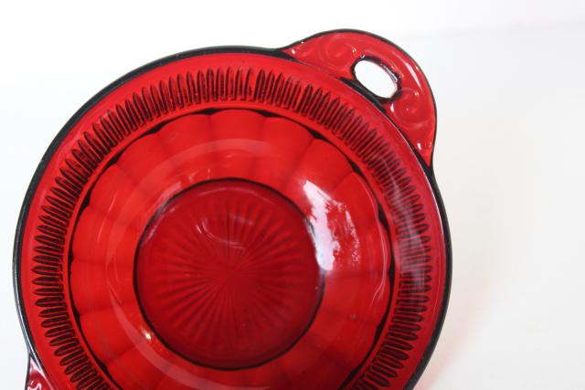 photo of vintage royal ruby red glass powder puff box, round trinket dish w/ flower lid #3