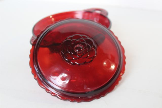 photo of vintage royal ruby red glass powder puff box, round trinket dish w/ flower lid #4