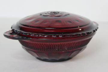 catalog photo of vintage royal ruby red glass powder puff box, round trinket dish w/ flower lid