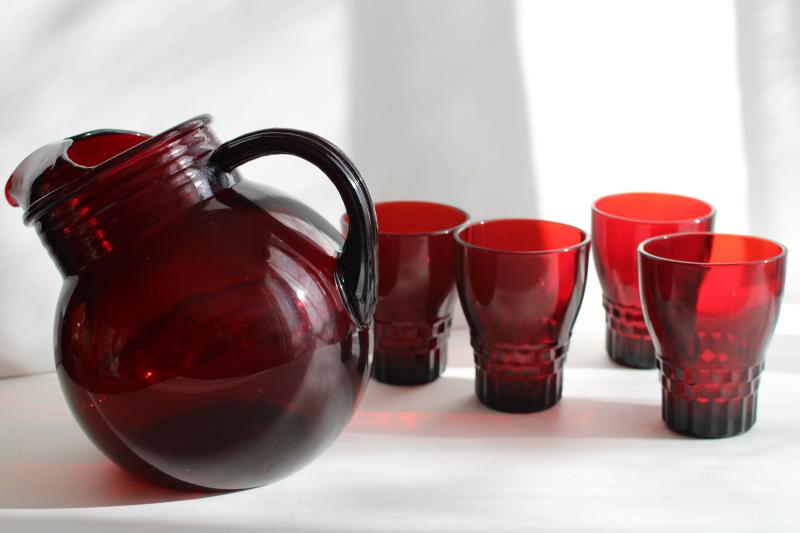 photo of vintage royal ruby red glass round ball pitcher & Windsor pattern drinking glasses #3