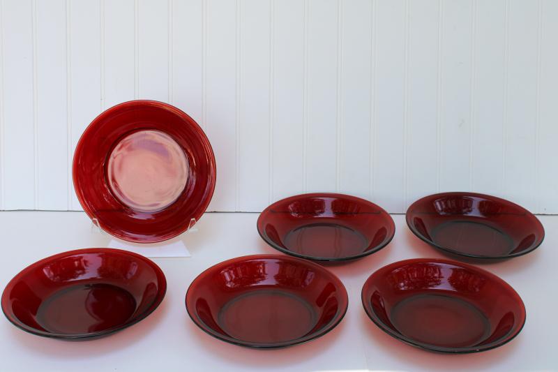 photo of vintage royal ruby red glass soup bowls, set of six pie plate shape dishes #1