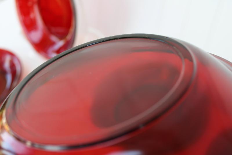 photo of vintage royal ruby red glass soup bowls, set of six pie plate shape dishes #2