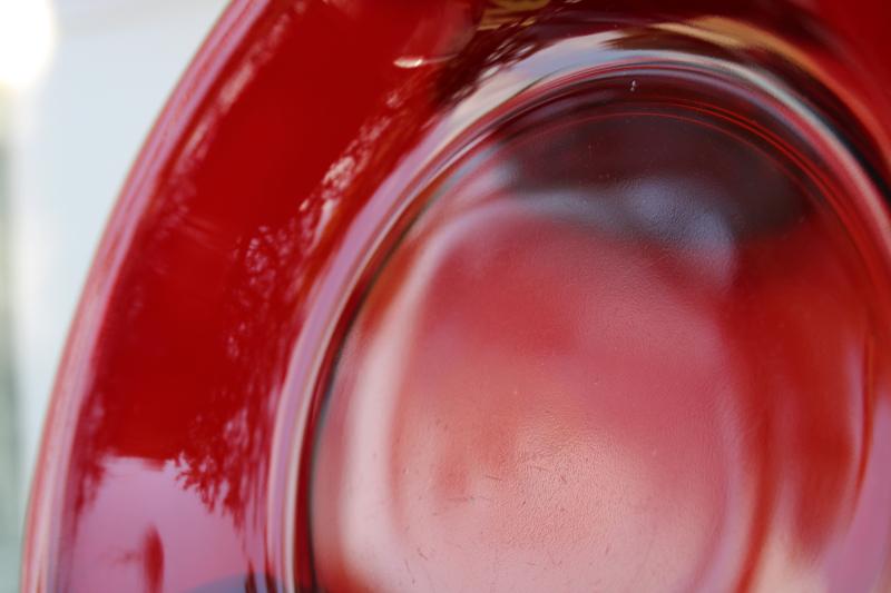 photo of vintage royal ruby red glass soup bowls, set of six pie plate shape dishes #4