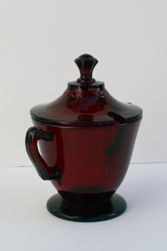 photo of vintage royal ruby red glass sugar bowl or jam jar w/ notched lid for spoon #1