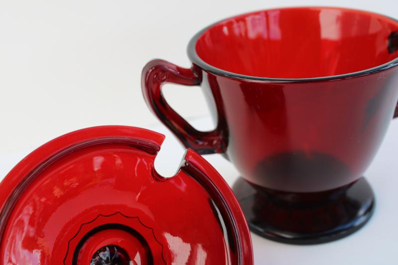 photo of vintage royal ruby red glass sugar bowl or jam jar w/ notched lid for spoon #4