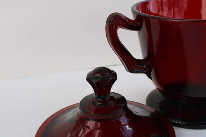 photo of vintage royal ruby red glass sugar bowl or jam jar w/ notched lid for spoon #5