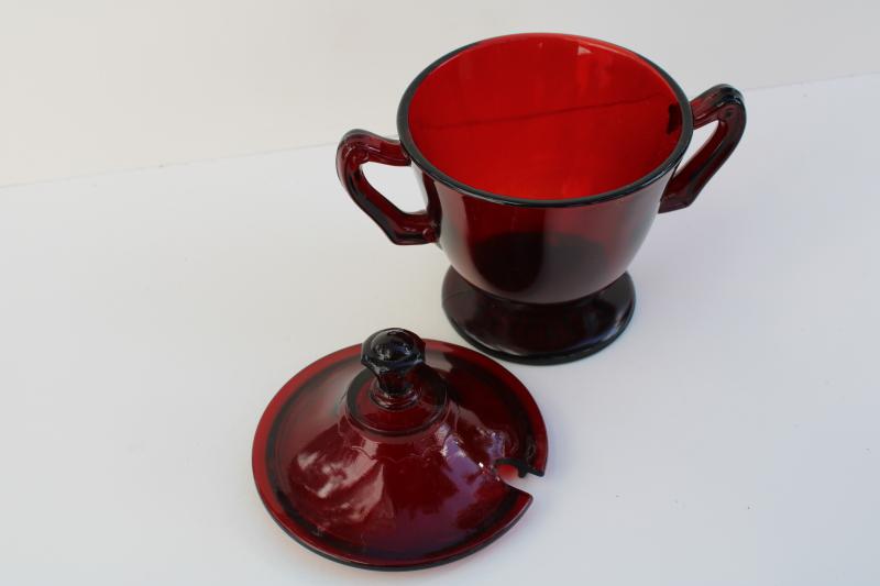 photo of vintage royal ruby red glass sugar bowl or jam jar w/ notched lid for spoon #6