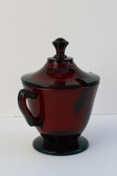 catalog photo of vintage royal ruby red glass sugar bowl or jam jar w/ notched lid for spoon