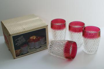 catalog photo of vintage ruby band diamond point Indiana glass drinking glasses, lowball tumblers