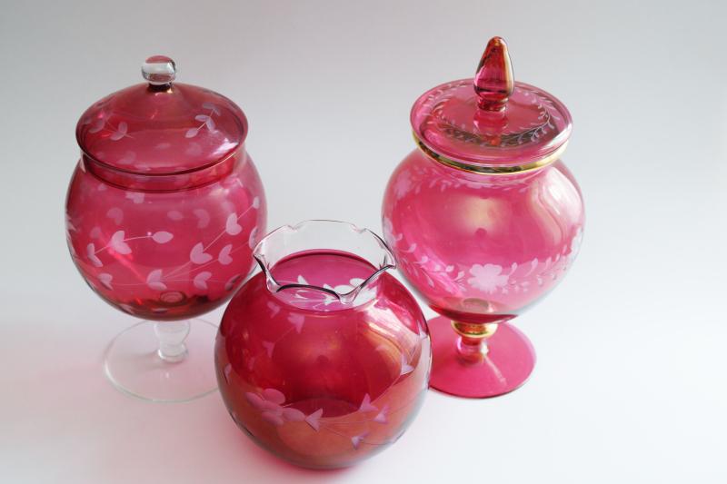 photo of vintage ruby cranberry flash color etched glass, apothecary jars and rose bowl vase #1