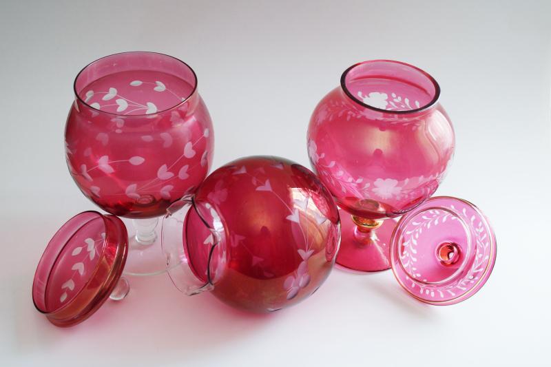 photo of vintage ruby cranberry flash color etched glass, apothecary jars and rose bowl vase #3