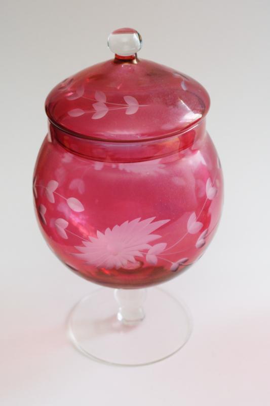 photo of vintage ruby cranberry flash color etched glass, apothecary jars and rose bowl vase #4