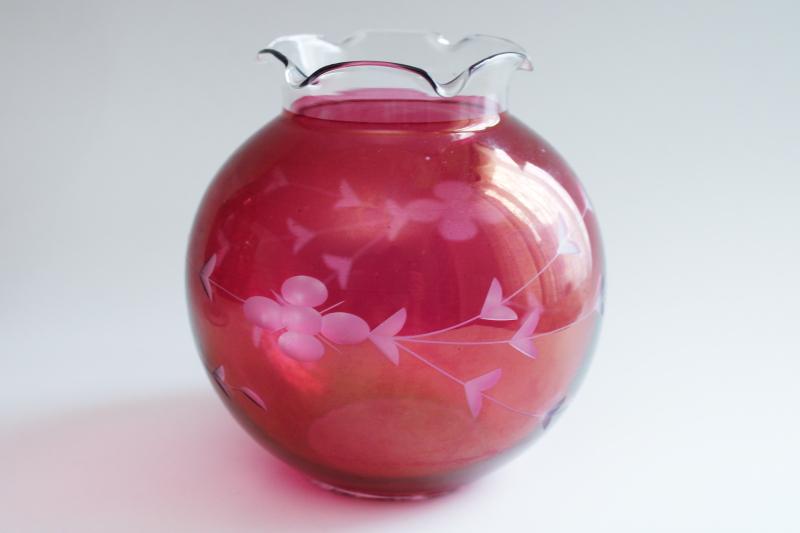 photo of vintage ruby cranberry flash color etched glass, apothecary jars and rose bowl vase #6