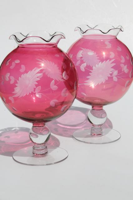 photo of vintage ruby cranberry red stain glass globe vases, pair wheel cut etched glass ivy balls #1