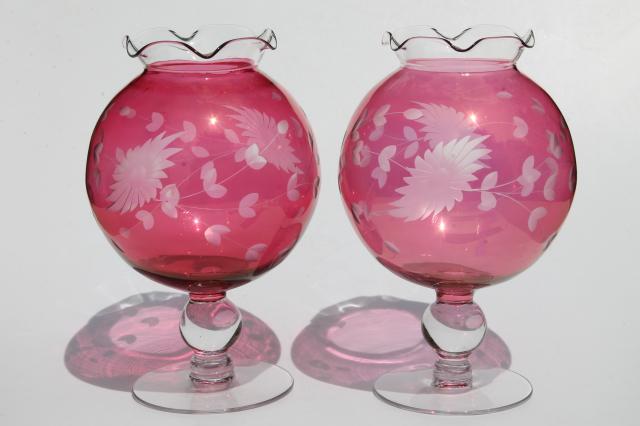 photo of vintage ruby cranberry red stain glass globe vases, pair wheel cut etched glass ivy balls #2