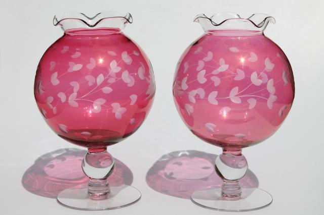 photo of vintage ruby cranberry red stain glass globe vases, pair wheel cut etched glass ivy balls #3