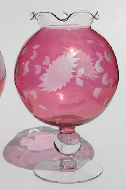 photo of vintage ruby cranberry red stain glass globe vases, pair wheel cut etched glass ivy balls #4