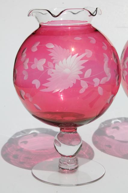 photo of vintage ruby cranberry red stain glass globe vases, pair wheel cut etched glass ivy balls #5