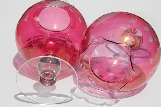 photo of vintage ruby cranberry red stain glass globe vases, pair wheel cut etched glass ivy balls #7