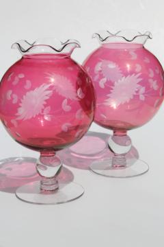 catalog photo of vintage ruby cranberry red stain glass globe vases, pair wheel cut etched glass ivy balls