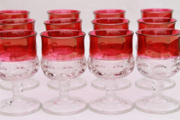 catalog photo of vintage ruby flashed King's Crown pattern glass stemware, set of 12 wine glasses