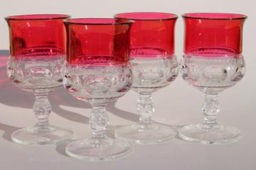 catalog photo of vintage ruby flashed King's Crown pattern glass stemware, set of 4 wine glasses