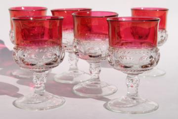 catalog photo of vintage ruby flashed King's Crown pattern glass stemware, set of six wine glasses