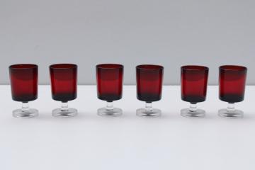 catalog photo of vintage ruby red / clear cordial glasses set, Cavalier pattern French glass stemware