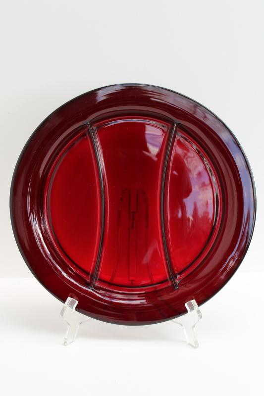 photo of vintage ruby red elegant glass relish plate, three part round serving tray #1