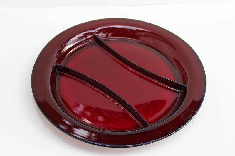 photo of vintage ruby red elegant glass relish plate, three part round serving tray #2