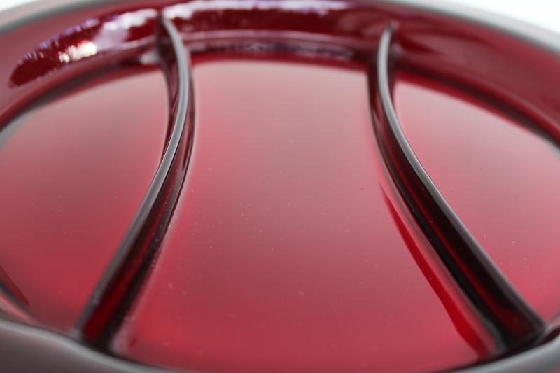 photo of vintage ruby red elegant glass relish plate, three part round serving tray #4