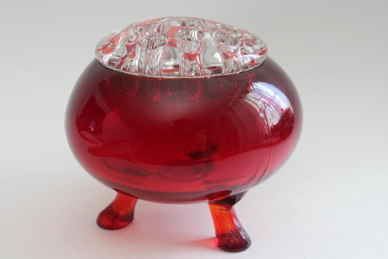 photo of vintage ruby red glass bowl w/ flower frog, Viking glass floral centerpiece holder #1