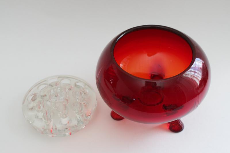 photo of vintage ruby red glass bowl w/ flower frog, Viking glass floral centerpiece holder #3