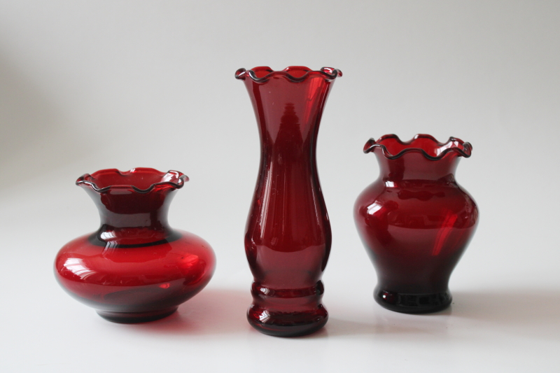 photo of vintage ruby red glass bud vases, trio of little vases for Valentine's day flowers  #1