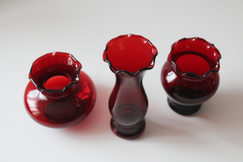 photo of vintage ruby red glass bud vases, trio of little vases for Valentine's day flowers  #2