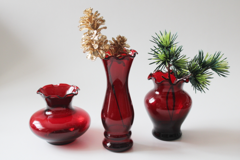 photo of vintage ruby red glass bud vases, trio of little vases for Valentine's day flowers  #3