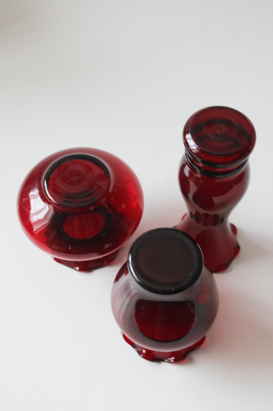 photo of vintage ruby red glass bud vases, trio of little vases for Valentine's day flowers  #4