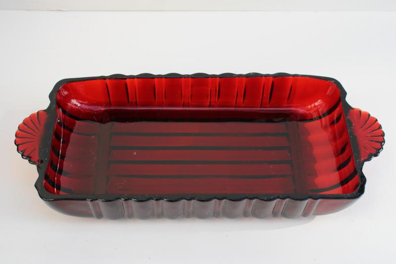 photo of vintage ruby red glass cranberry tray or relish dish, rectangular serving plate #1