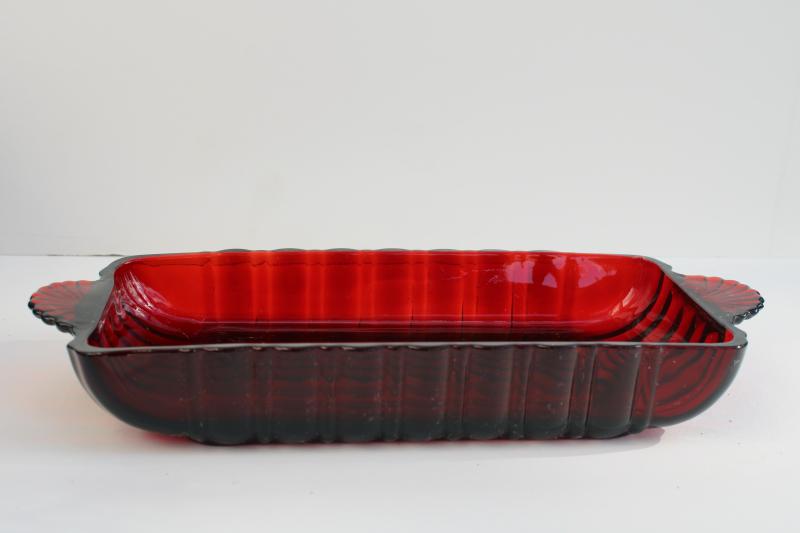 photo of vintage ruby red glass cranberry tray or relish dish, rectangular serving plate #2