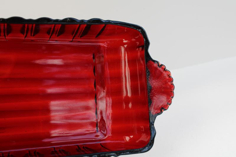 photo of vintage ruby red glass cranberry tray or relish dish, rectangular serving plate #3