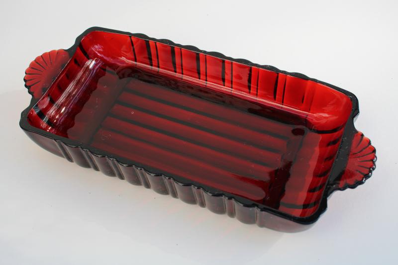 photo of vintage ruby red glass cranberry tray or relish dish, rectangular serving plate #6