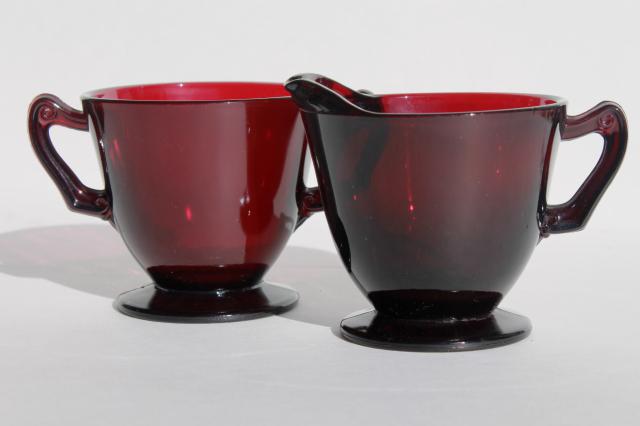 photo of vintage ruby red glass cream pitcher & sugar bowl sets, 50s Anchor Hocking #2