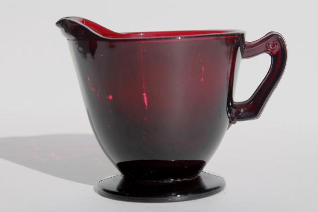 photo of vintage ruby red glass cream pitcher & sugar bowl sets, 50s Anchor Hocking #3