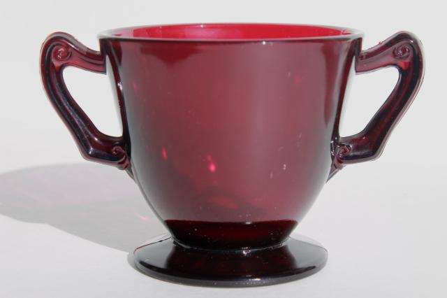 photo of vintage ruby red glass cream pitcher & sugar bowl sets, 50s Anchor Hocking #4