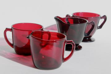 catalog photo of vintage ruby red glass cream pitcher & sugar bowl sets, 50s Anchor Hocking