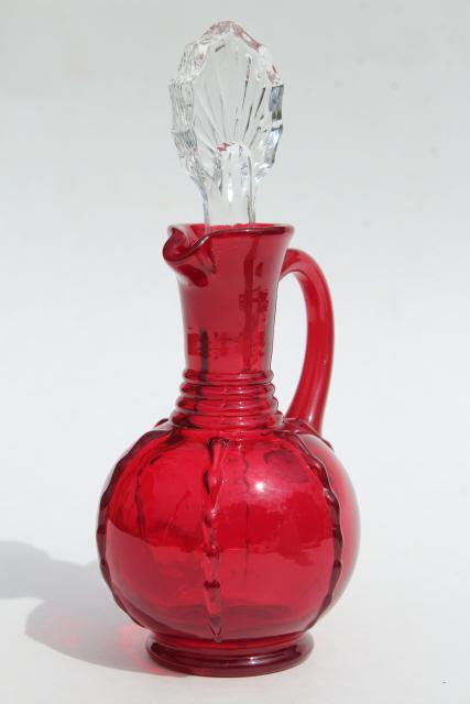 photo of vintage ruby red glass cruet w/ crystal clear stopper, Paden City crow's foot  #1