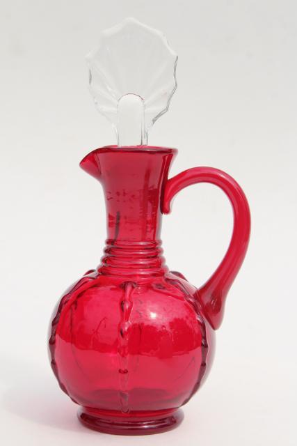 photo of vintage ruby red glass cruet w/ crystal clear stopper, Paden City crow's foot  #2