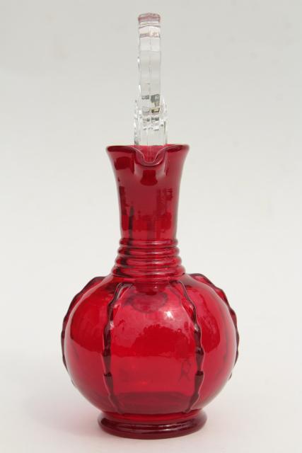 photo of vintage ruby red glass cruet w/ crystal clear stopper, Paden City crow's foot  #5