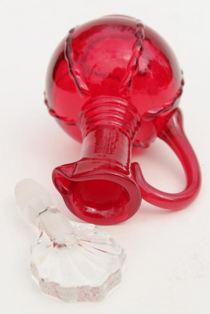 photo of vintage ruby red glass cruet w/ crystal clear stopper, Paden City crow's foot  #6