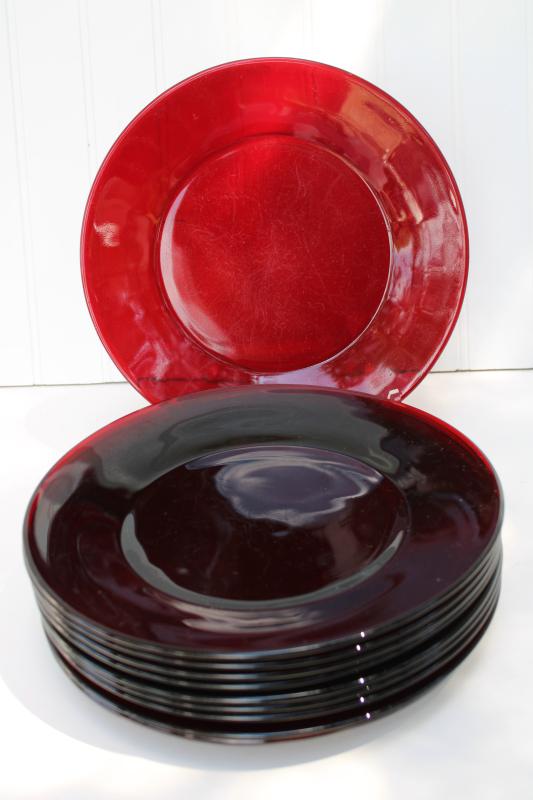 photo of vintage ruby red glass dinner plates set of 10, Christmas holiday dinnerware #5